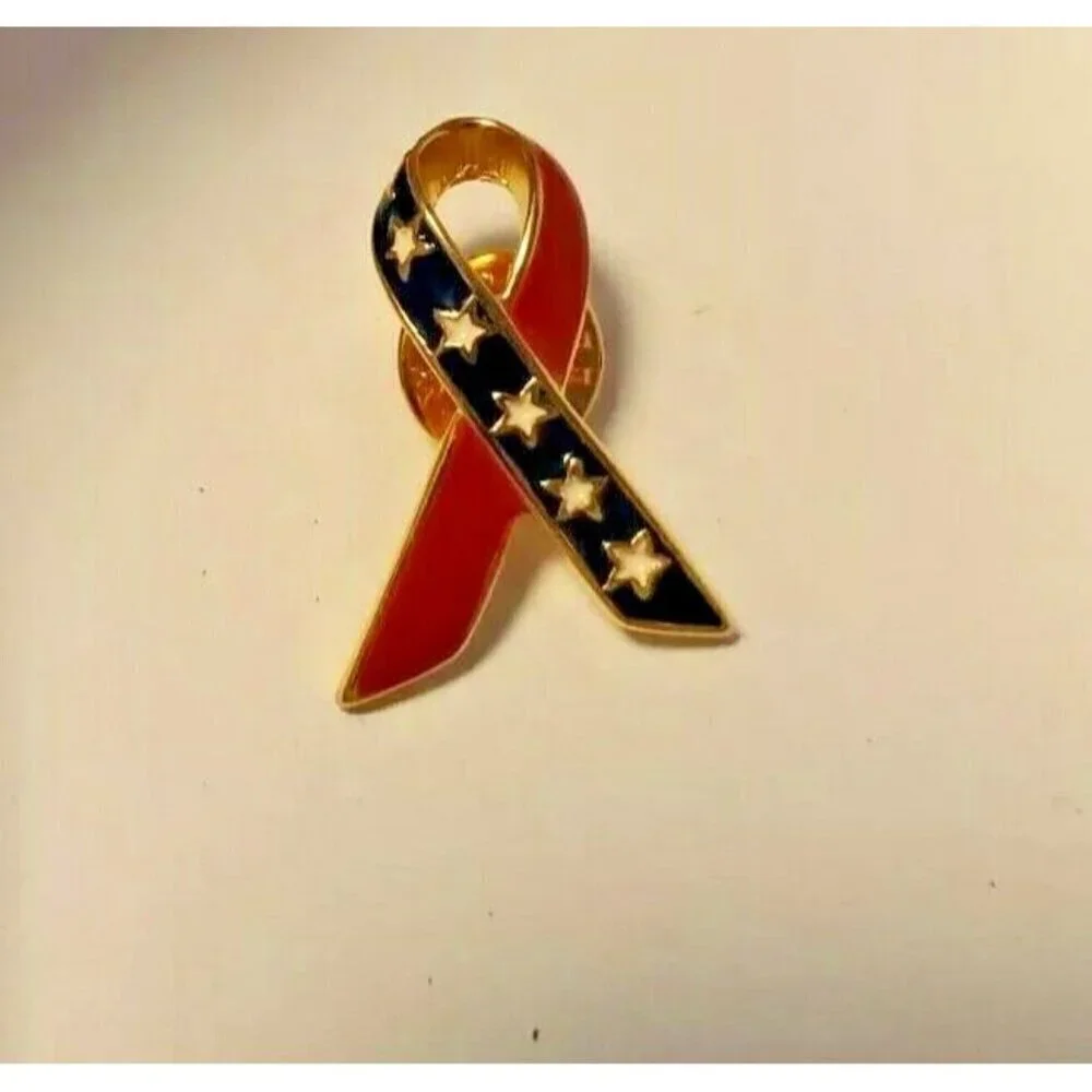 Red and Blue Starry Patriotic Enamel Ribbon Pinback Lapel Pin